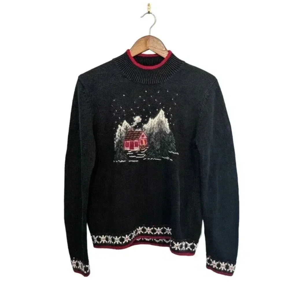 Vintage Orvis Black Cabin Forest Winter Knit Sweater Size Small Mock Neck Cotton